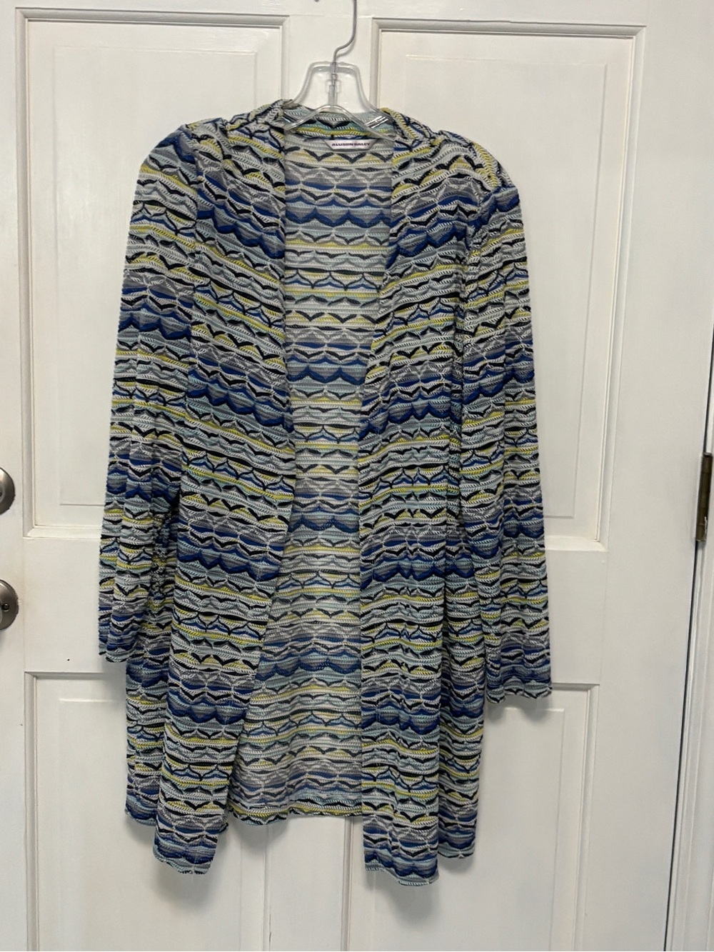 Allison Daley Blue, White & Lime Open-Front Geometric Cardigan